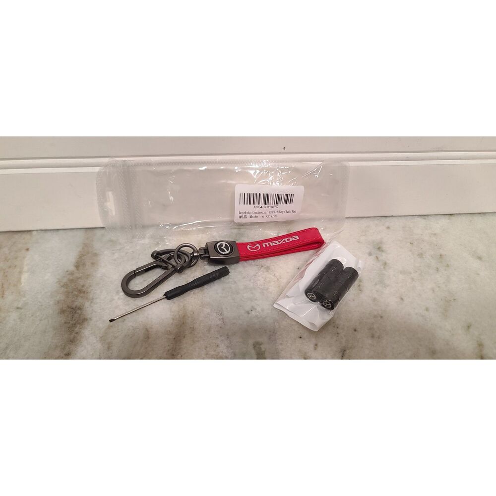 Mazda Genuine Leather Red Chrome Keychain & Tire Valve Stem Caps